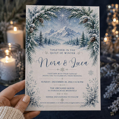 Blue Winter Mountain Wedding Invitation — invitation you personalize in Canva