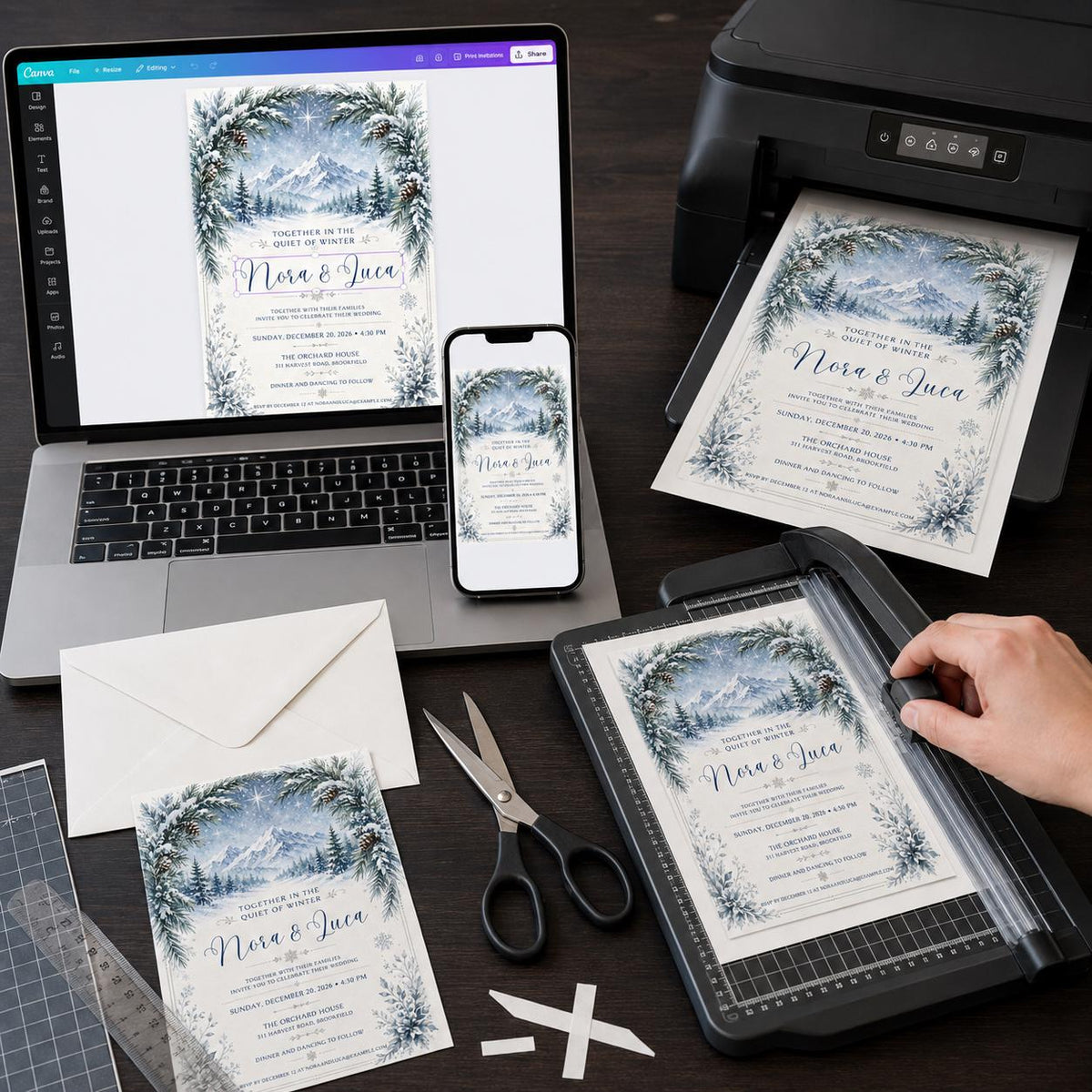 Blue Winter Mountain Wedding Invitation — print-ready wedding design from VoltBy
