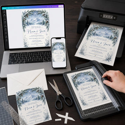 Blue Winter Mountain Wedding Invitation — print-ready wedding design from VoltBy