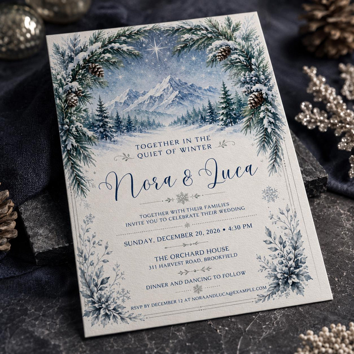 Blue Winter Mountain Wedding Invitation — digital invitation, instant download