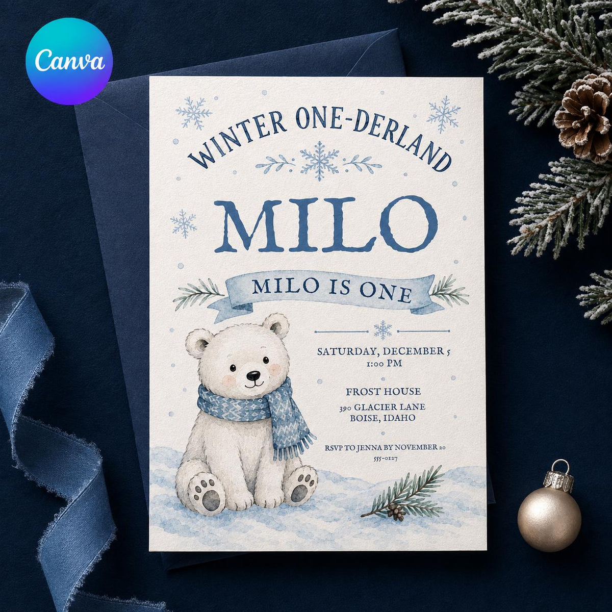 Blue Winter One-derland First Birthday Invitation — editable Canva template