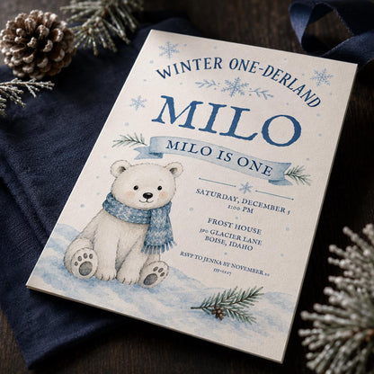 Blue Winter One-derland First Birthday Invitation — digital invitation, instant download