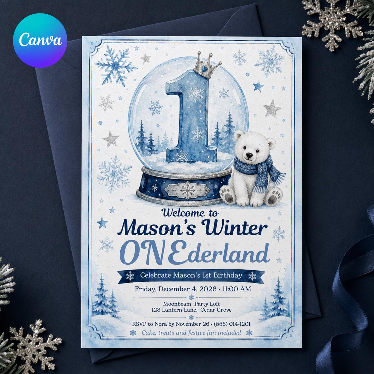 Blue Winter ONEderland 1st Birthday Invitation for Boys — editable Canva template