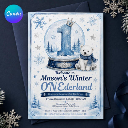 Blue Winter ONEderland 1st Birthday Invitation for Boys — editable Canva template