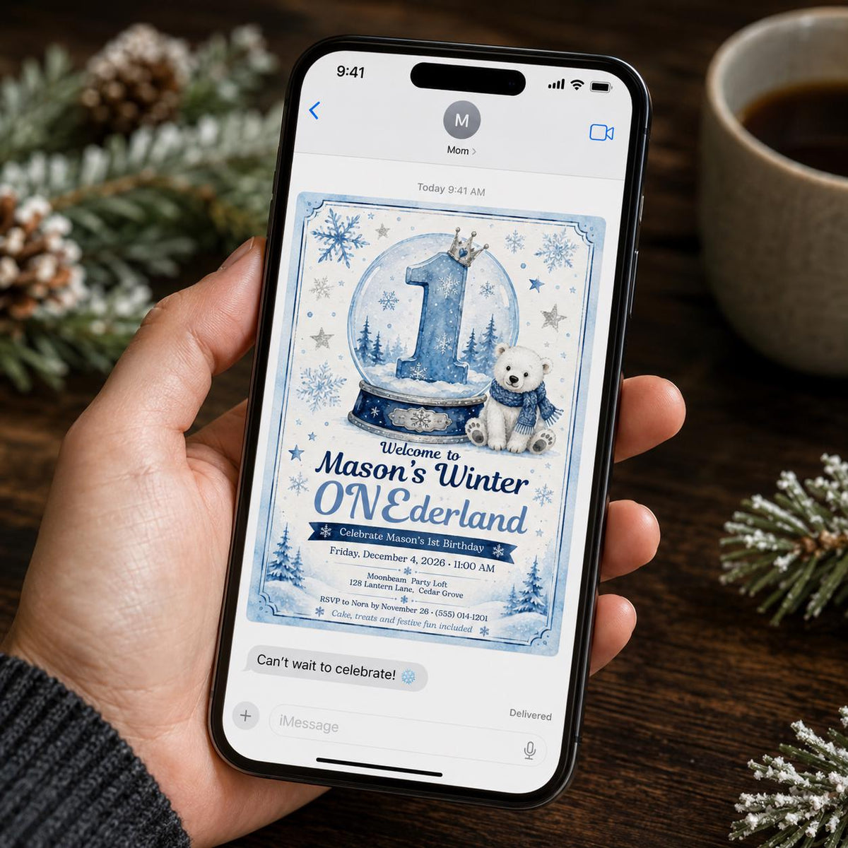 Blue Winter ONEderland 1st Birthday Invitation for Boys — snow globe and teddy bear design