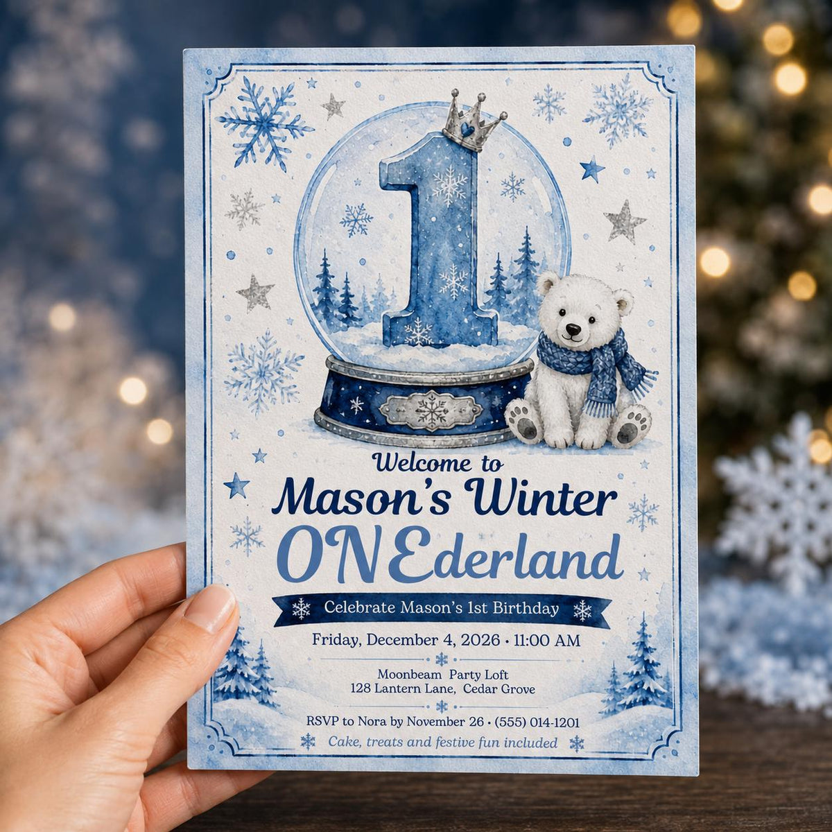 Blue Winter ONEderland 1st Birthday Invitation for Boys — invitation you personalize in Canva