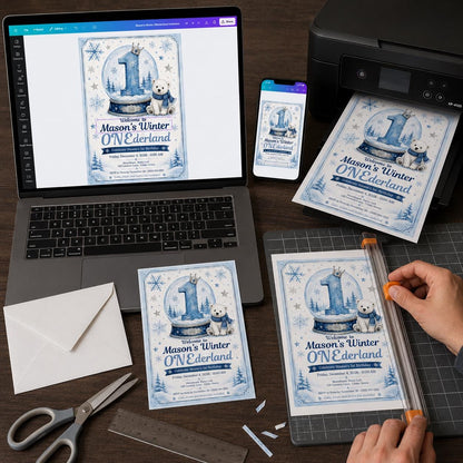 Blue Winter ONEderland 1st Birthday Invitation for Boys — print-ready first birthday design from VoltBy