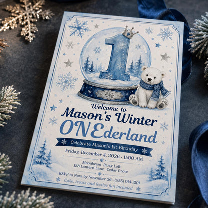 Blue Winter ONEderland 1st Birthday Invitation for Boys — digital invitation, instant download