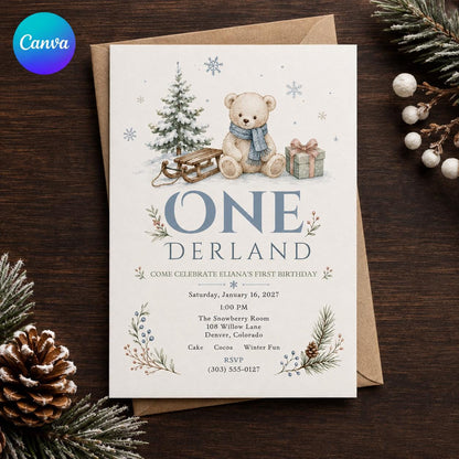 Blue Winter Onederland First Birthday Invitation — editable Canva template