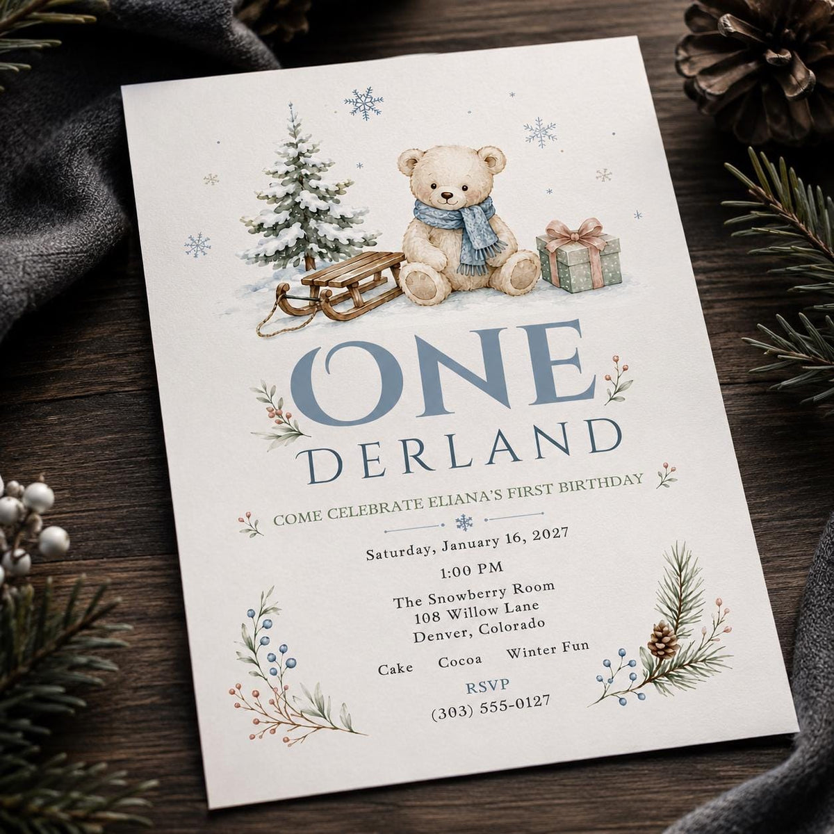 Blue Winter Onederland First Birthday Invitation — snowflake and teddy bear design