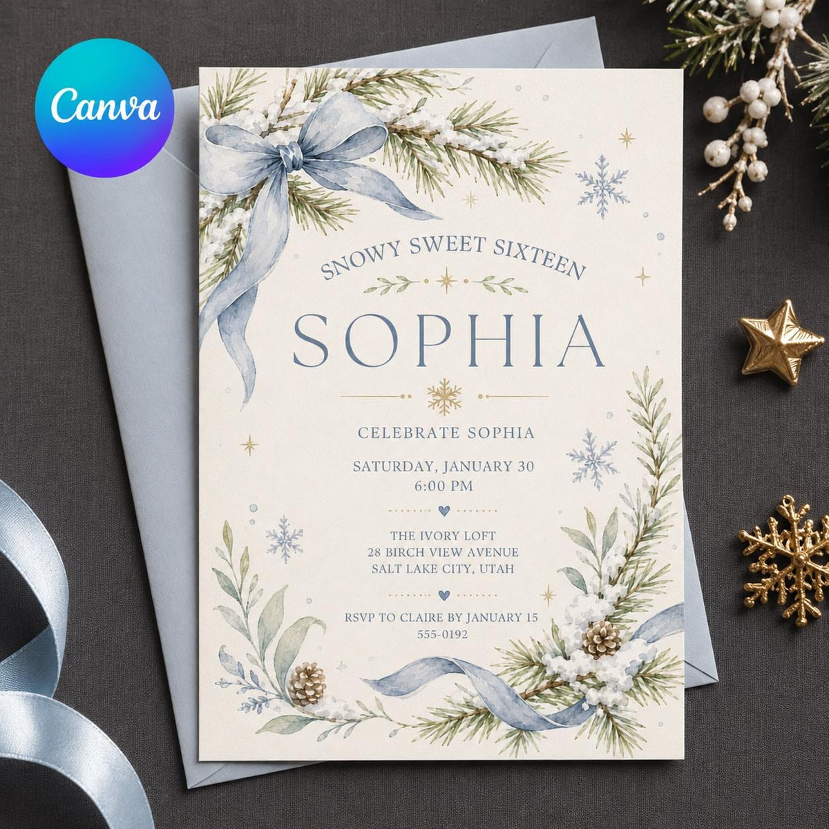 Blue Winter Sweet 16 Invitation — editable Canva template