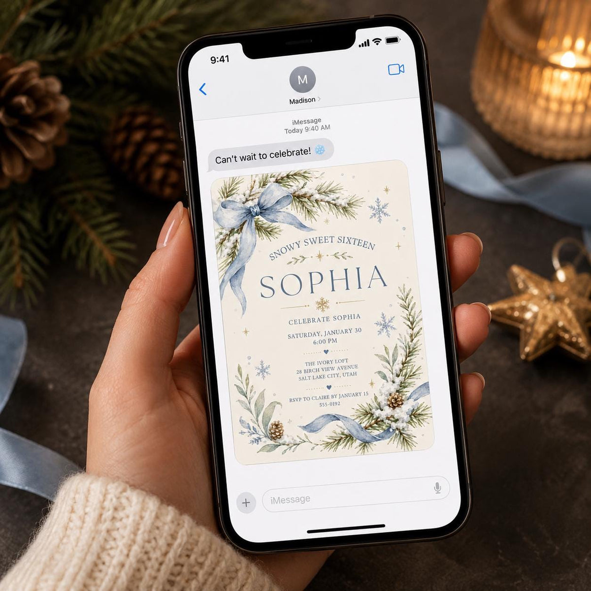 Blue Winter Sweet 16 Invitation — bow design