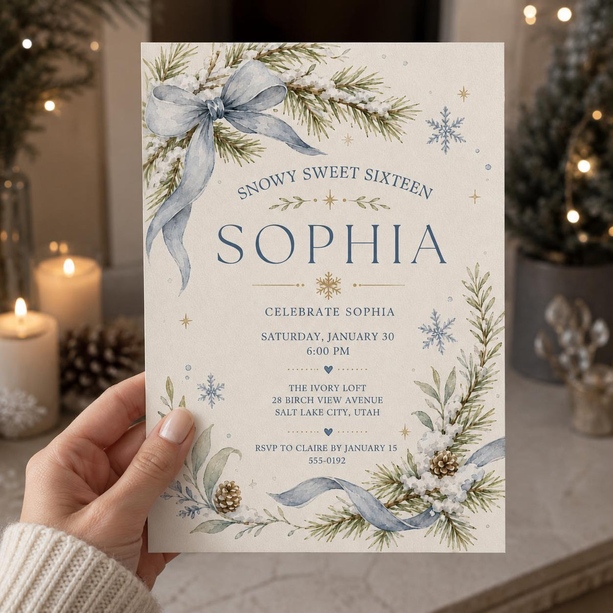 Blue Winter Sweet 16 Invitation — invitation you personalize in Canva