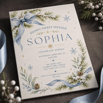 Blue Winter Sweet 16 Invitation — digital invitation, instant download