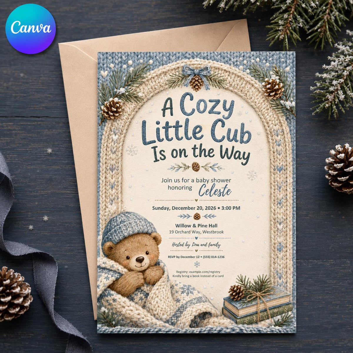 Blue Winter Teddy Bear Baby Shower Invitation for Boys — editable Canva template