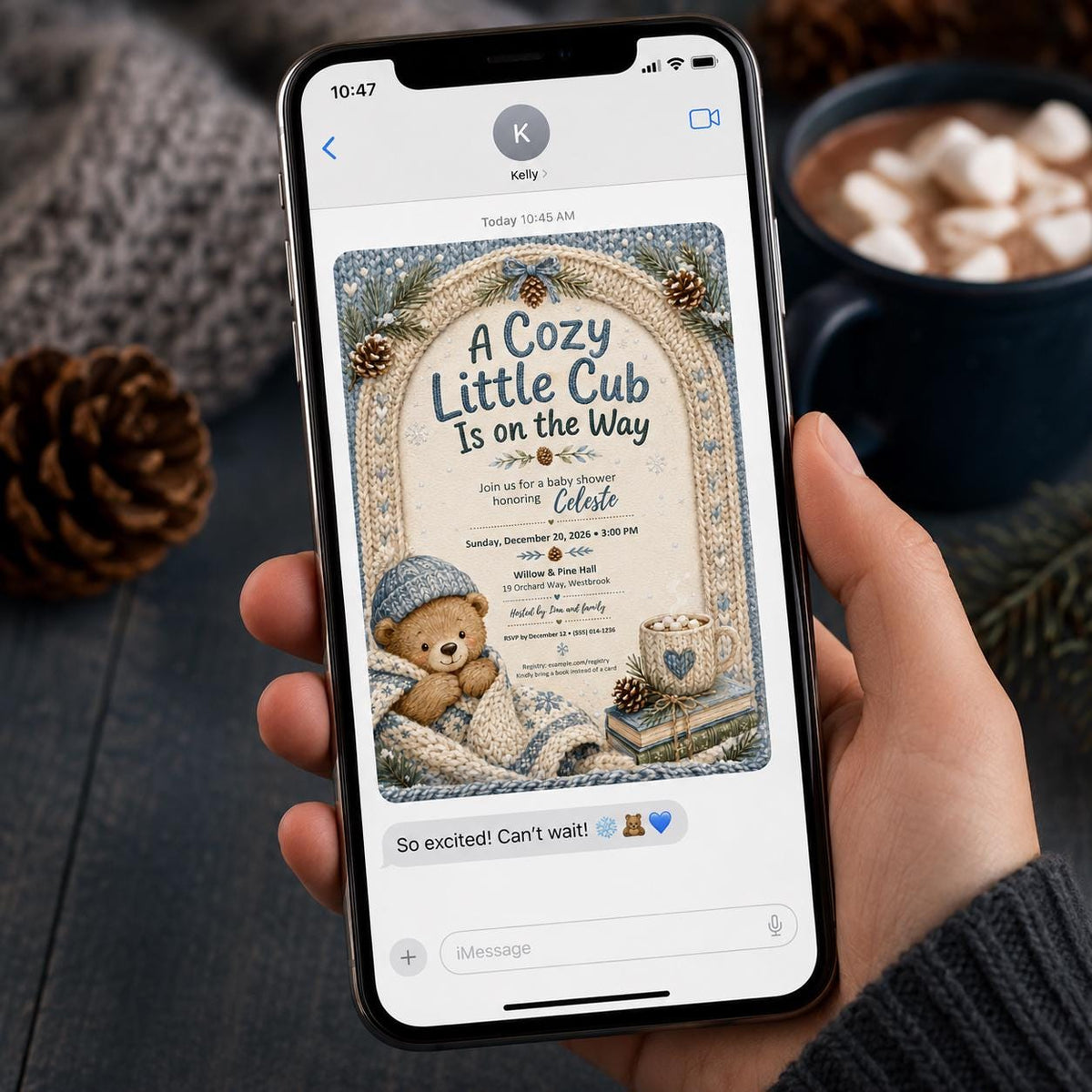Blue Winter Teddy Bear Baby Shower Invitation for Boys — snowflake design