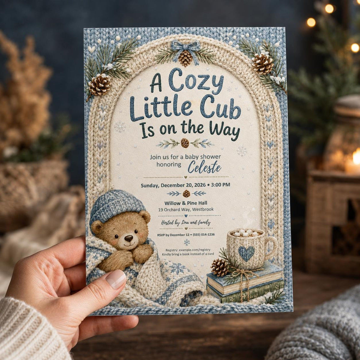 Blue Winter Teddy Bear Baby Shower Invitation for Boys — invitation you personalize in Canva