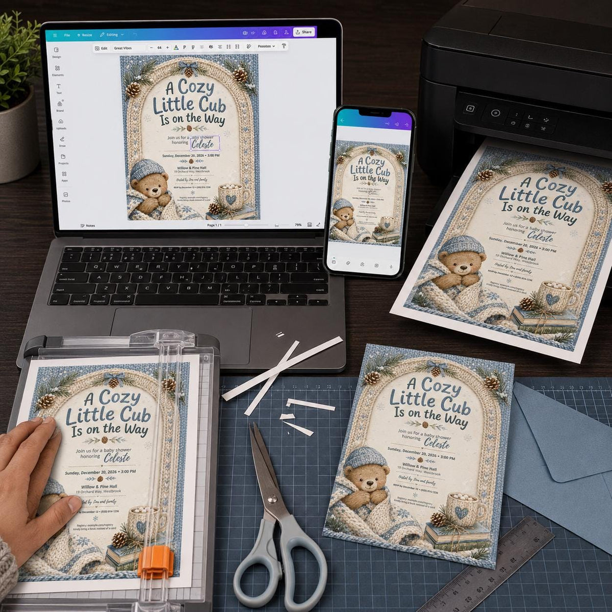 Blue Winter Teddy Bear Baby Shower Invitation for Boys — print-ready baby shower design from VoltBy
