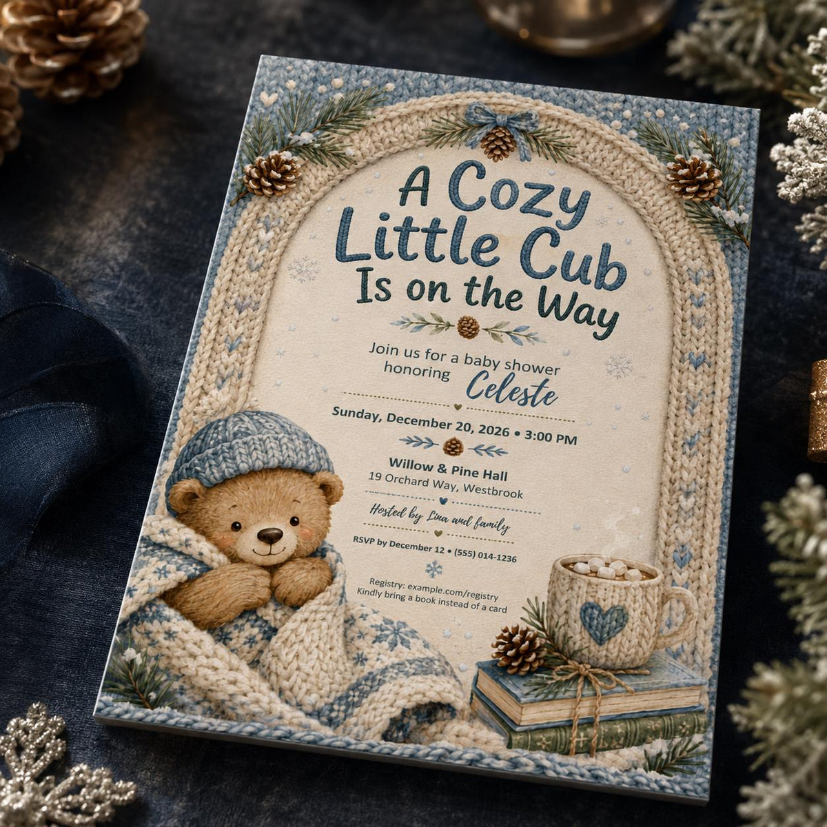 Blue Winter Teddy Bear Baby Shower Invitation for Boys — digital invitation, instant download