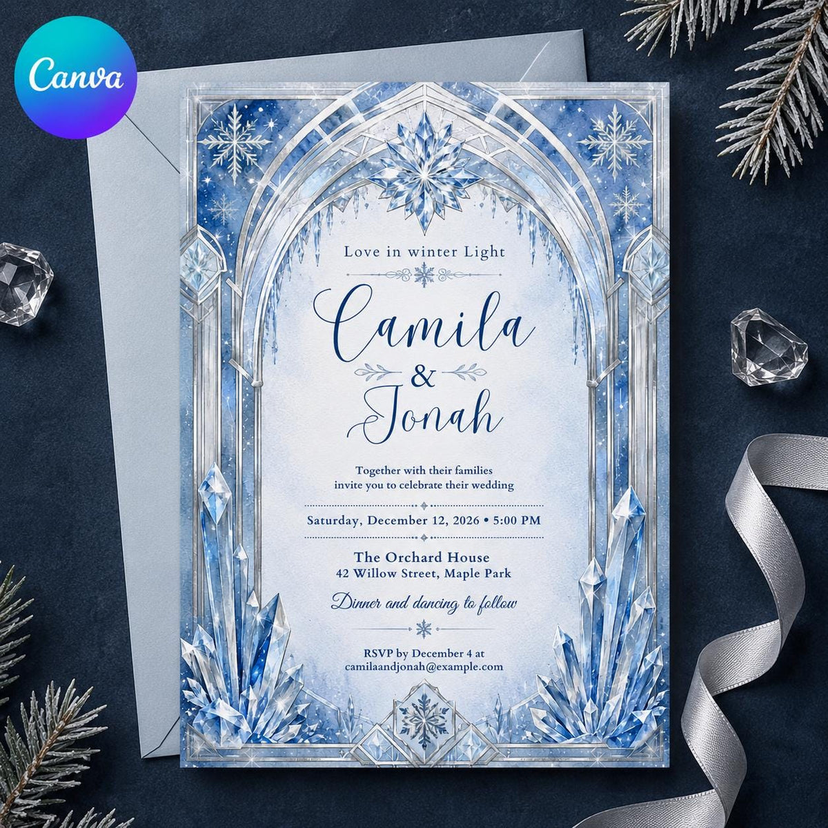 Blue Winter Wedding Invitation — editable Canva template
