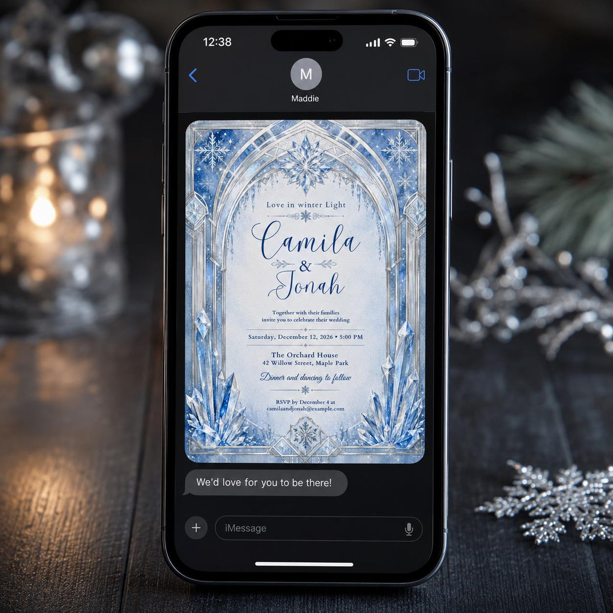 Blue Winter Wedding Invitation — snowflake design