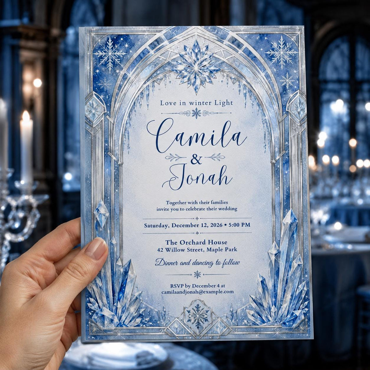 Blue Winter Wedding Invitation — invitation you personalize in Canva