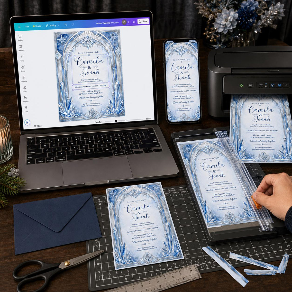 Blue Winter Wedding Invitation — print-ready wedding design from VoltBy