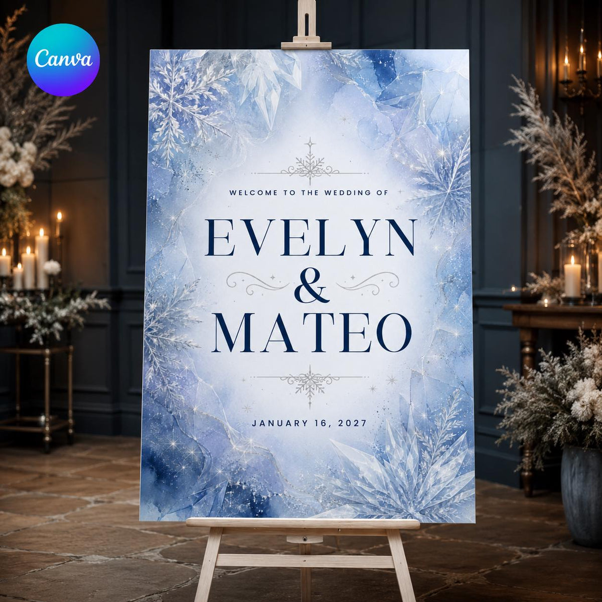 Blue Winter Wedding Welcome Sign — editable Canva template