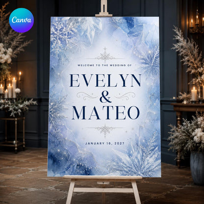 Blue Winter Wedding Welcome Sign — editable Canva template