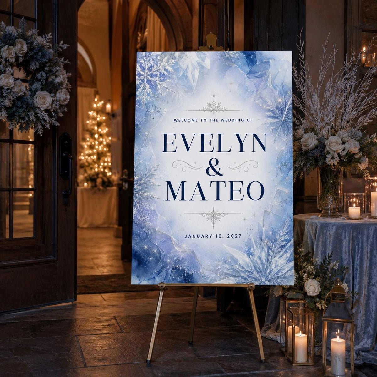 Blue Winter Wedding Welcome Sign — snowflake design