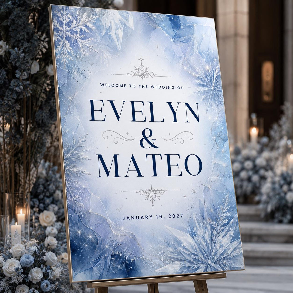 Blue Winter Wedding Welcome Sign — welcome sign you personalize in Canva