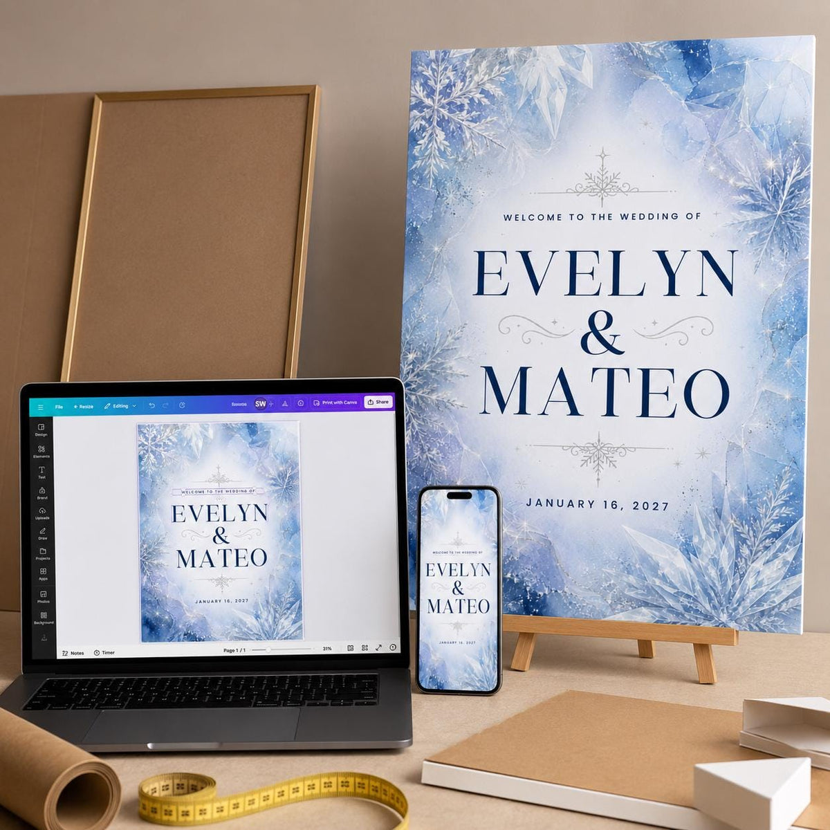 Blue Winter Wedding Welcome Sign — digital welcome sign, instant download