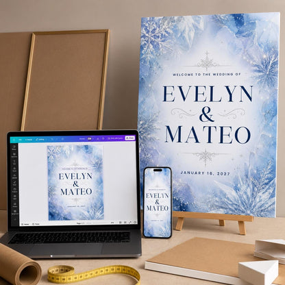 Blue Winter Wedding Welcome Sign — digital welcome sign, instant download