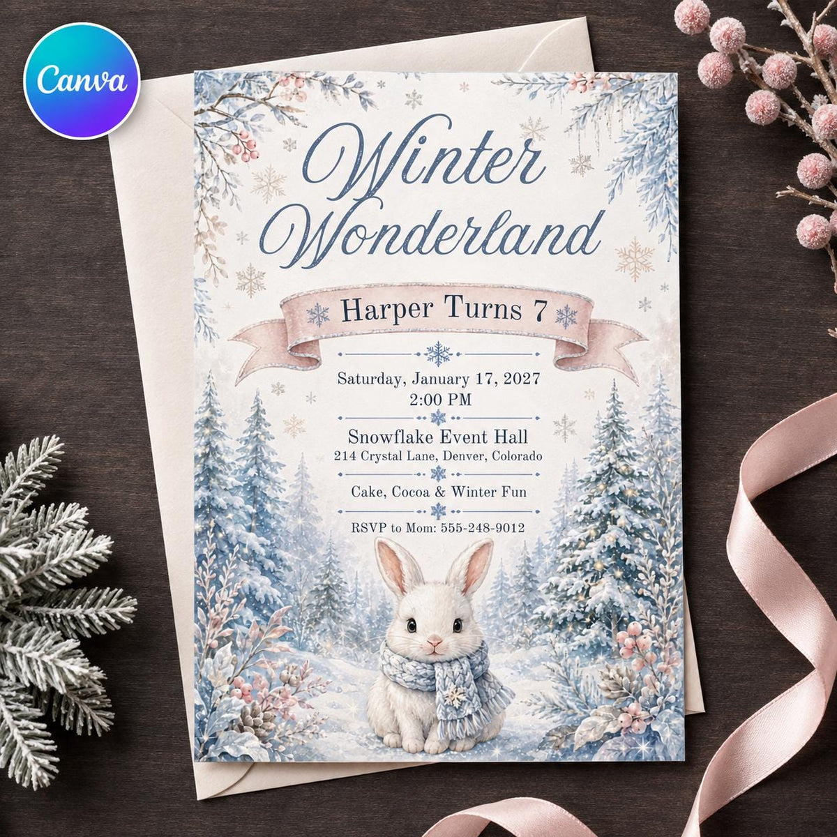 Blue Winter Wonderland 7th Birthday Invitation for Girls — editable Canva template