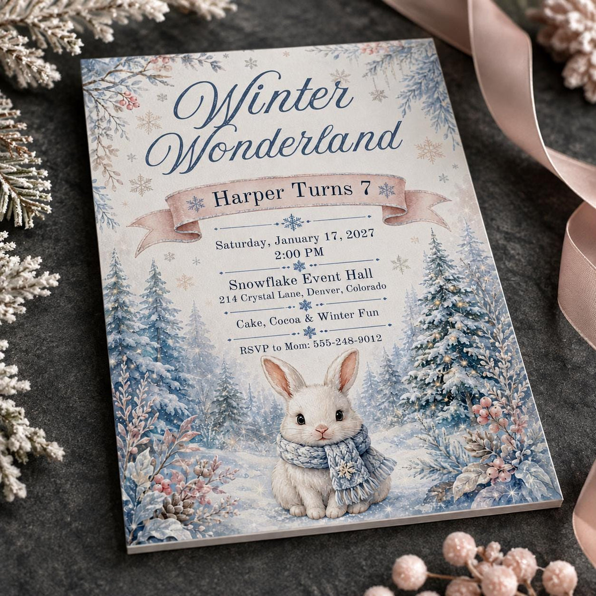 Blue Winter Wonderland 7th Birthday Invitation for Girls — digital invitation, instant download