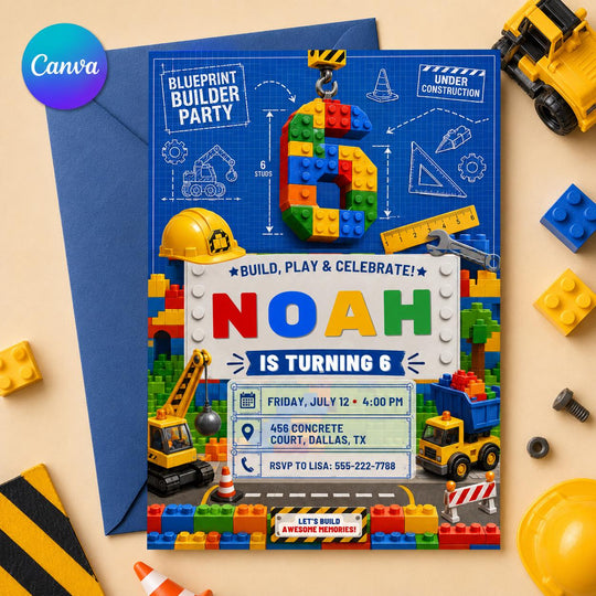 Blueprint Builder Construction 6th Birthday Invitation