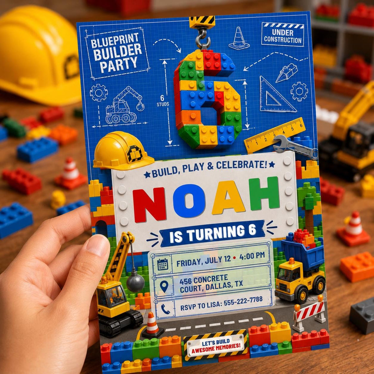 Blueprint Builder Construction 6th Birthday Invitation — building blocks and construction design for a 6th birthday party