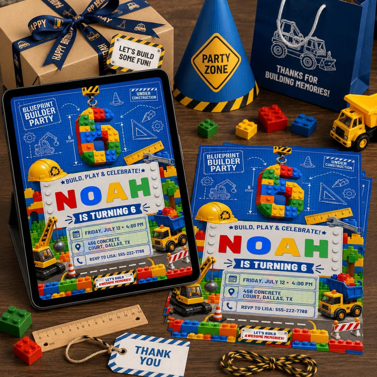 Blueprint Builder Construction 6th Birthday Invitation in blue and yellow
