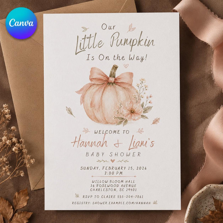 Blush Bow Little Pumpkin Baby Shower Invitation