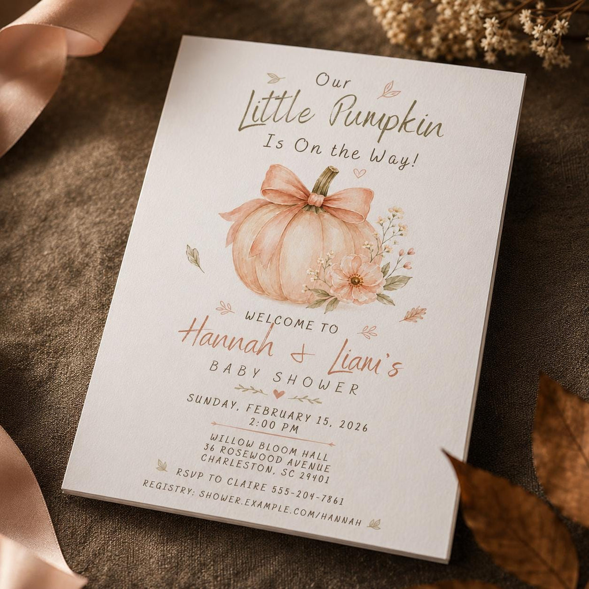 Blush Bow Little Pumpkin Baby Shower Invitation in cream and green