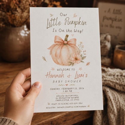 Blush Bow Little Pumpkin Baby Shower Invitation — floral design