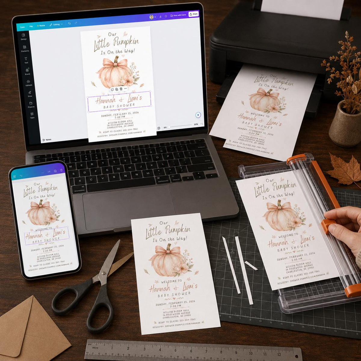 Blush Bow Little Pumpkin Baby Shower Invitation — invitation you personalize in Canva