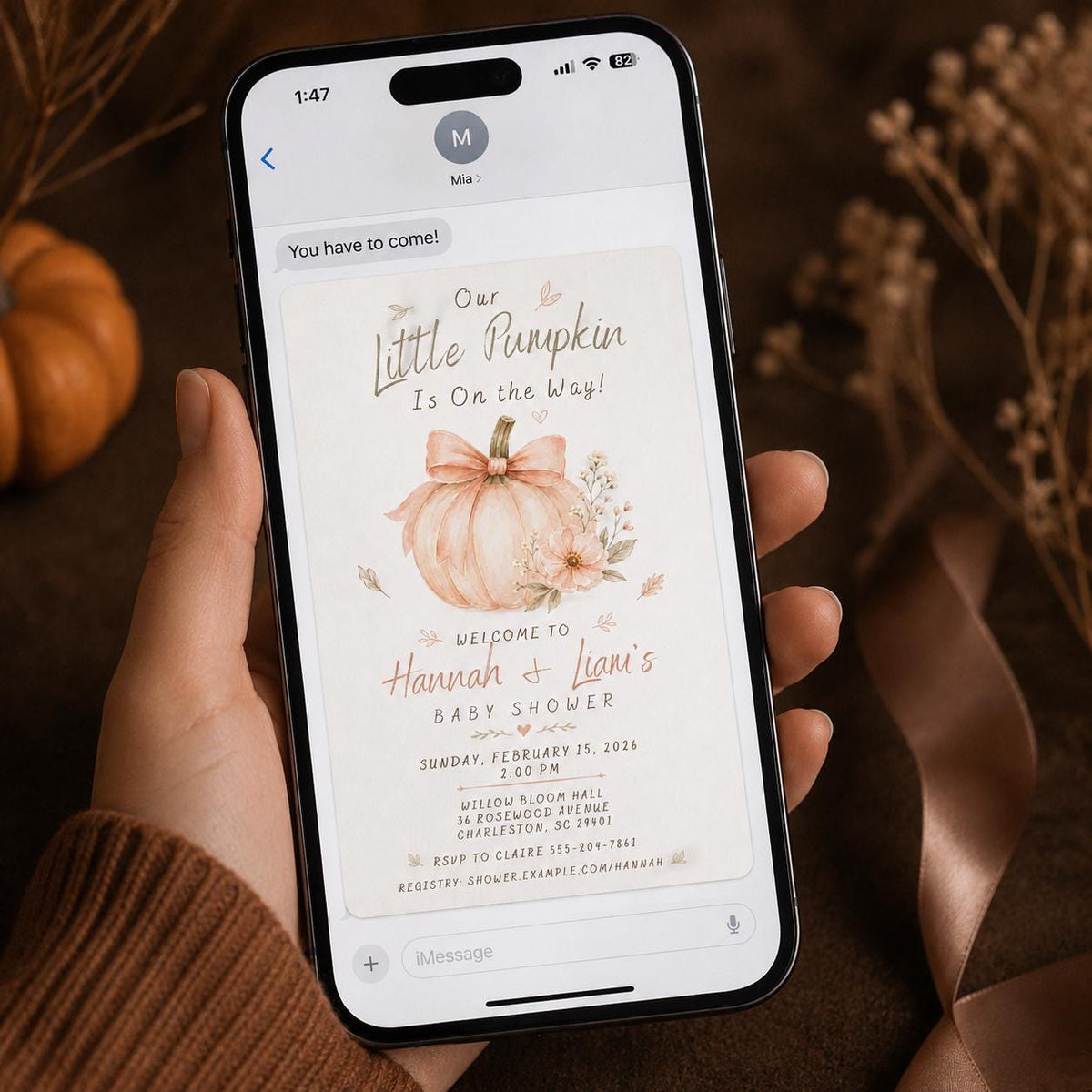Blush Bow Little Pumpkin Baby Shower Invitation — floral baby shower design