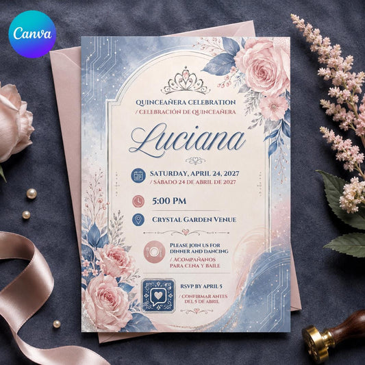 Blush Pink and Blue Bilingual Quinceanera Invitation — editable Canva template