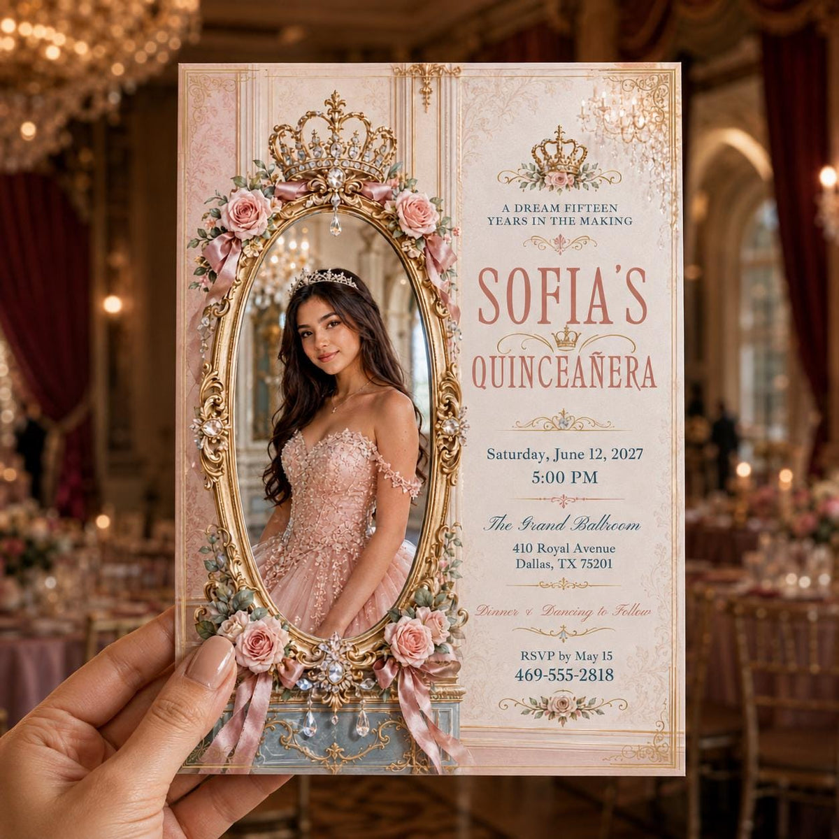 Blush Pink and Gold Quinceanera Invitation — floral quinceañera design