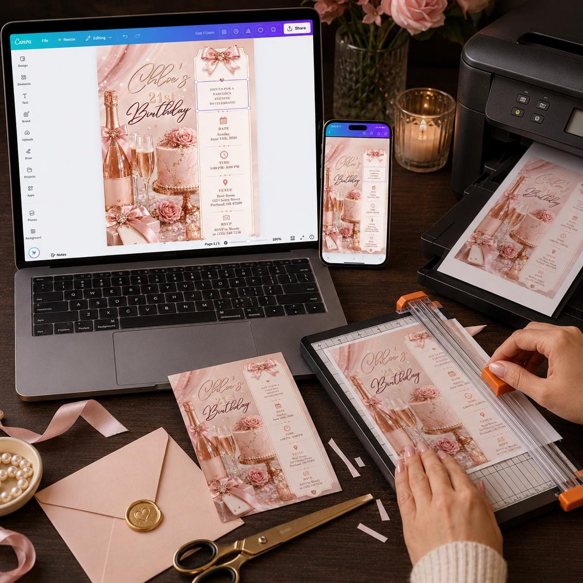 Blush Pink and Rose Gold 21st Birthday Invitation — bow design