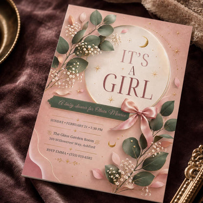 Blush Pink Celestial Baby Shower Invitation Girl — bow design