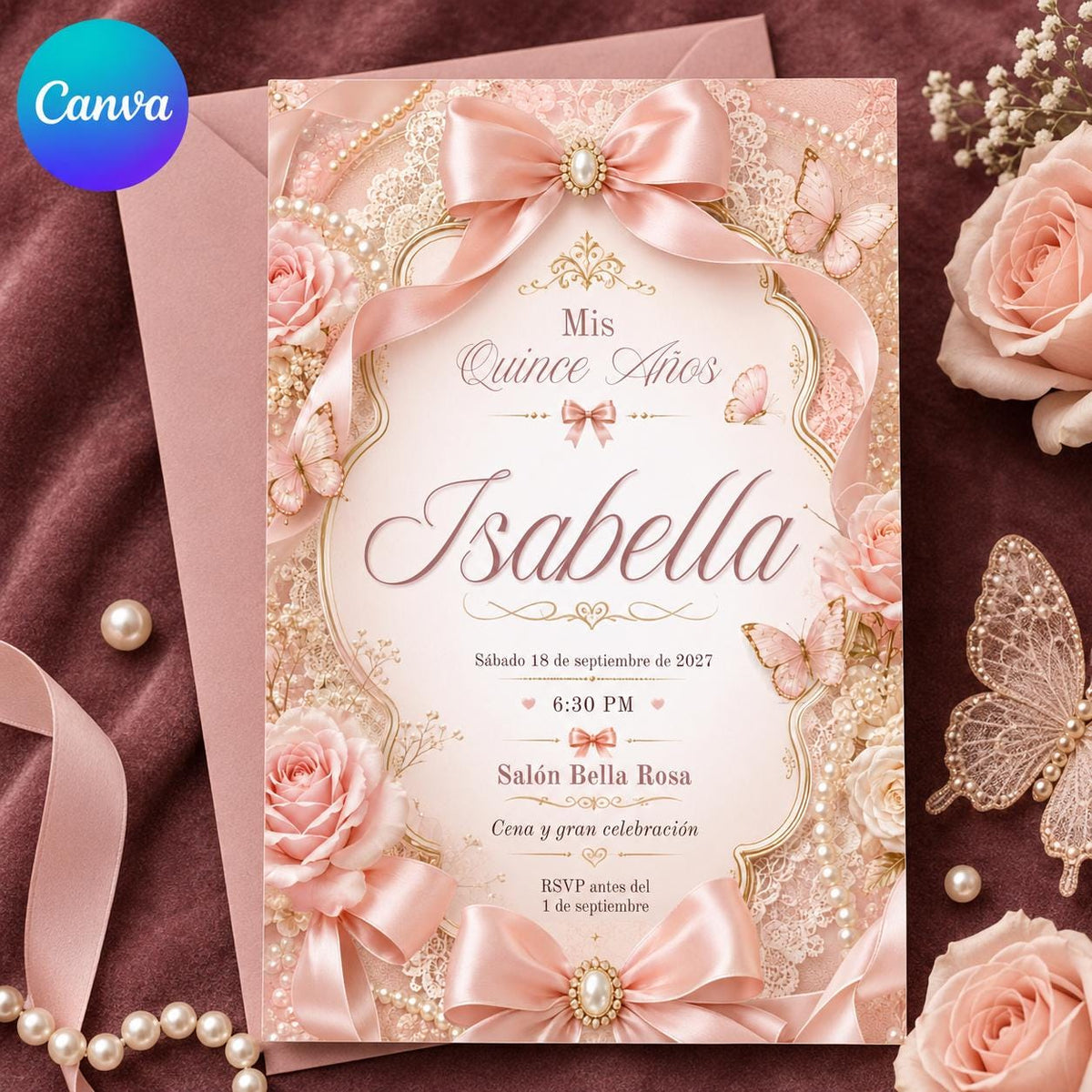Blush Pink Coquette Quinceanera Invitation in Spanish — editable Canva template