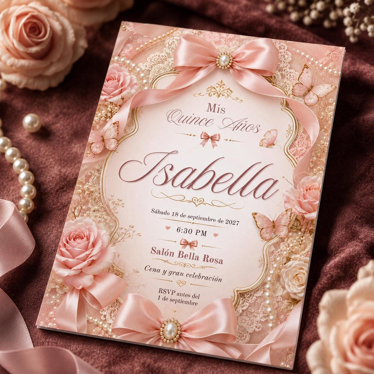 Blush Pink Coquette Quinceanera Invitation in Spanish — invitation you personalize in Canva