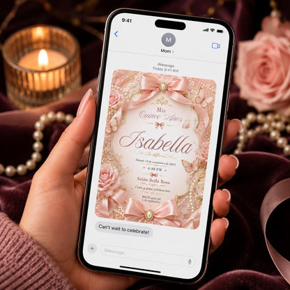 Blush Pink Coquette Quinceanera Invitation in Spanish — digital invitation, instant download